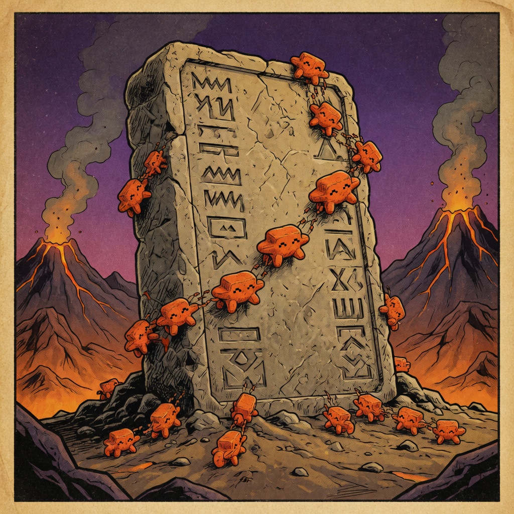 Tiny orange blobs climbing a carved stone tablet between volcanoes.