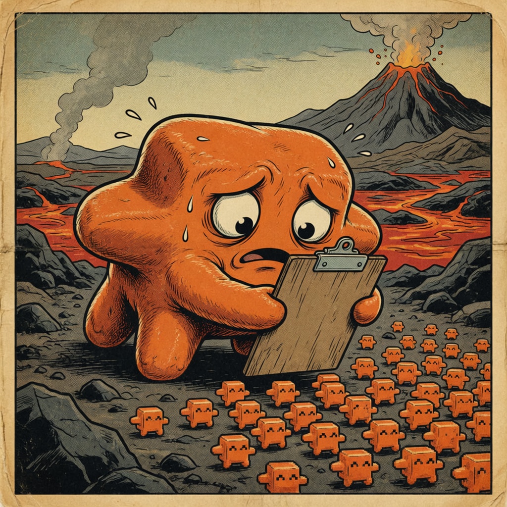 A sweating orange blob with a clipboard counting a crowd of tiny Claudlings.