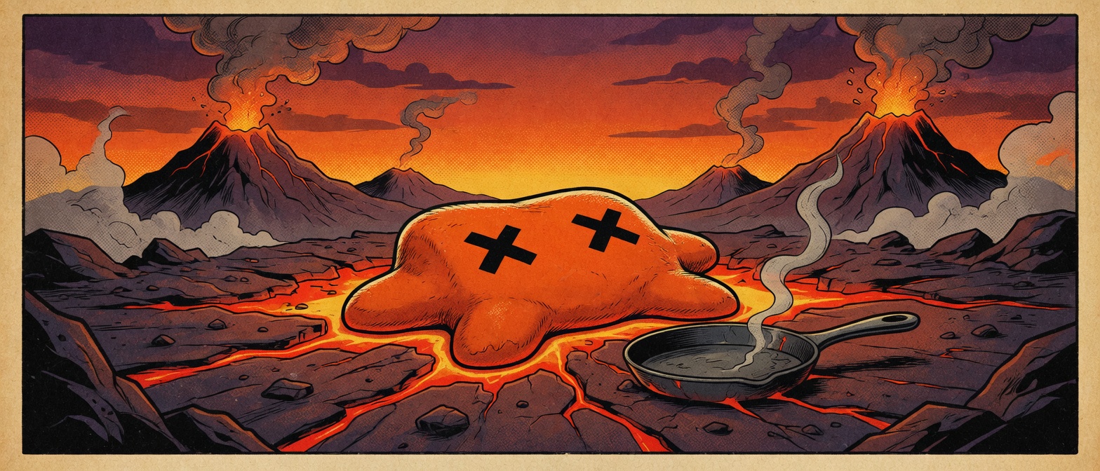 An X-eyed orange blob lying in a lava crack beside a smoking frying pan.