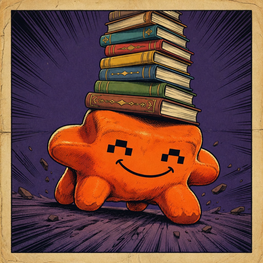 A smiling pixel-eyed blob with a stack of books balanced on its head.