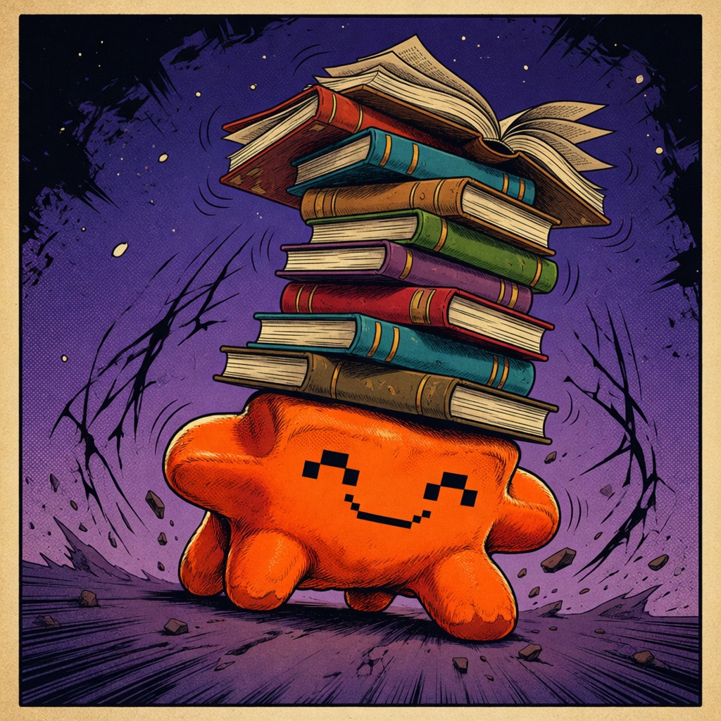 The book stack wobbles, top volume flying open, the blob still smiling.