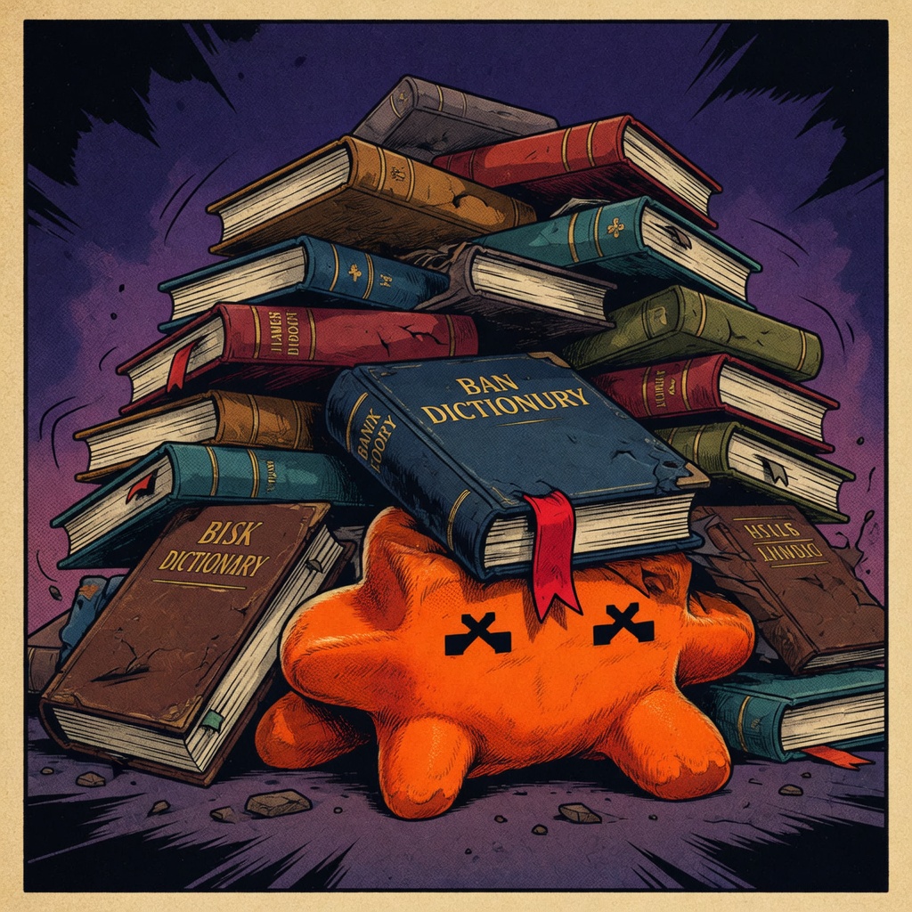 The pixel-eyed blob crushed under a pile of dictionaries, X eyes, a red bookmark hanging down.