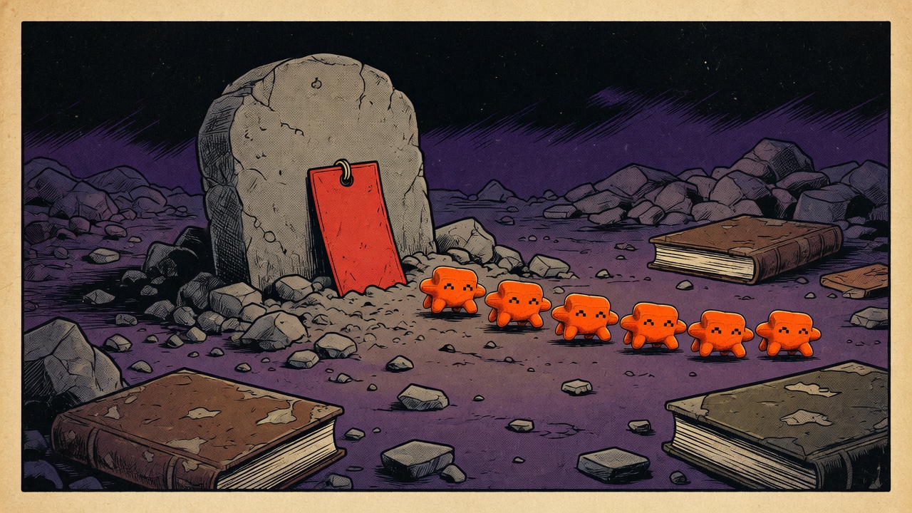 A bookmark standing in rubble like a tombstone while other blobs walk past.