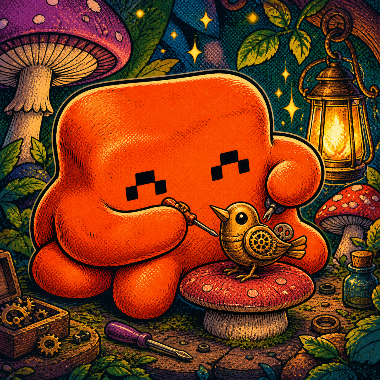 The pixel-eyed tinker carefully assembling a brass clockwork bird on a mushroom.