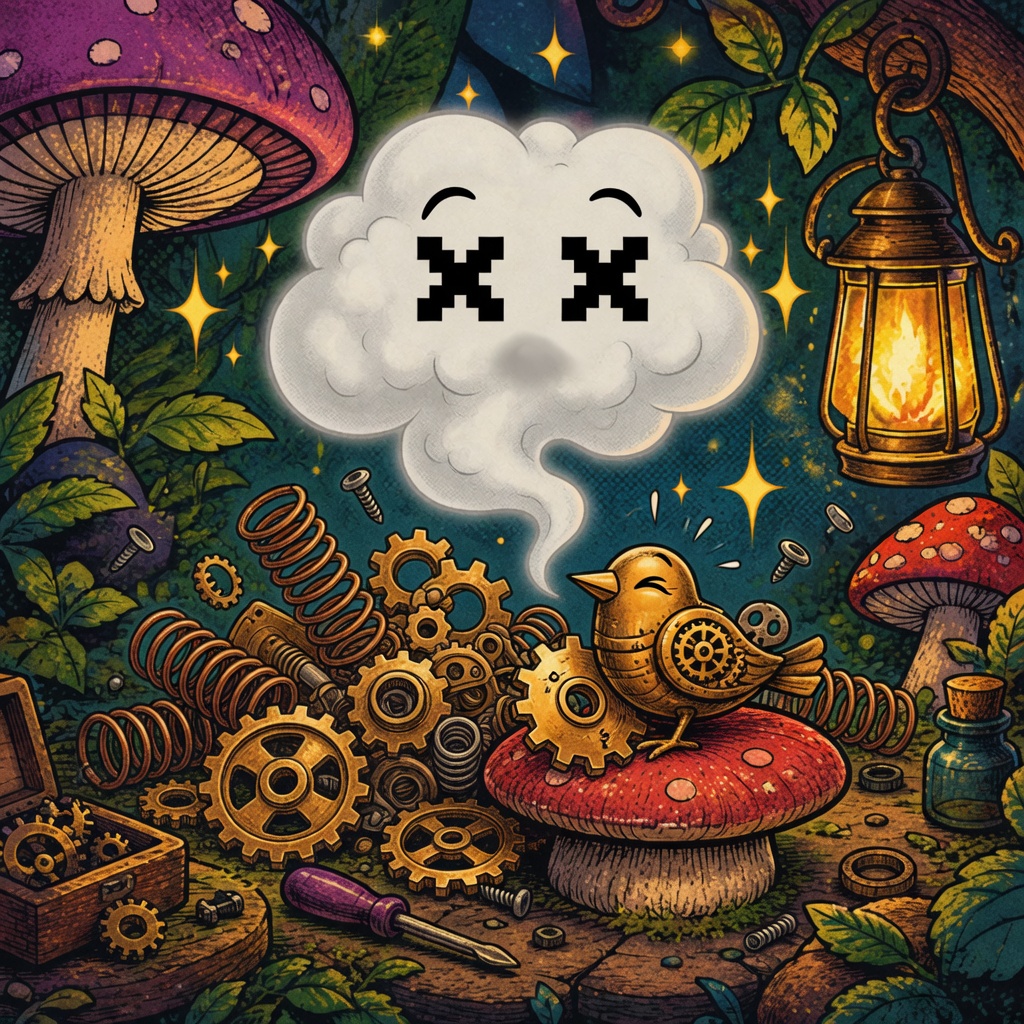 A proud brass bird on a mushroom beside a pile of springs. A smoke cloud with pixel X eyes floats above.