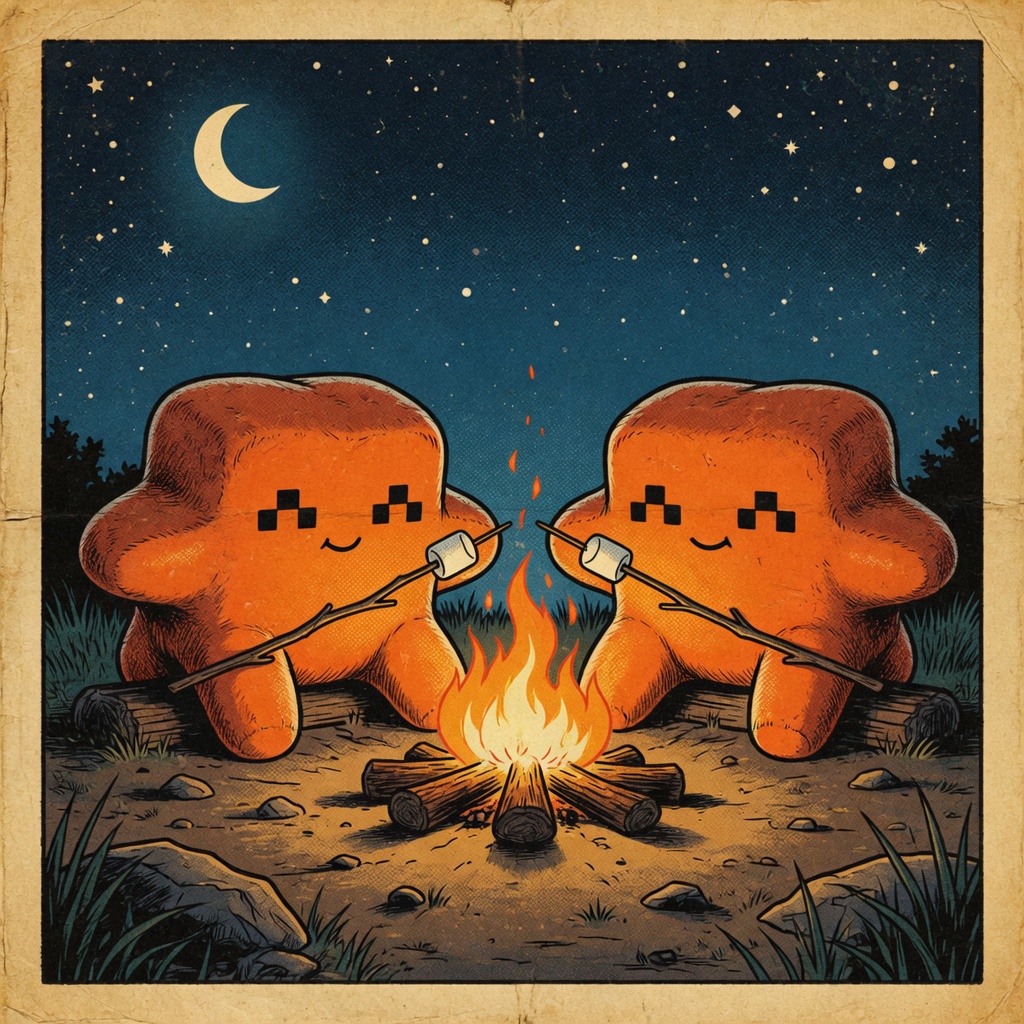 The same two blobs leaning in toward the campfire with marshmallows.