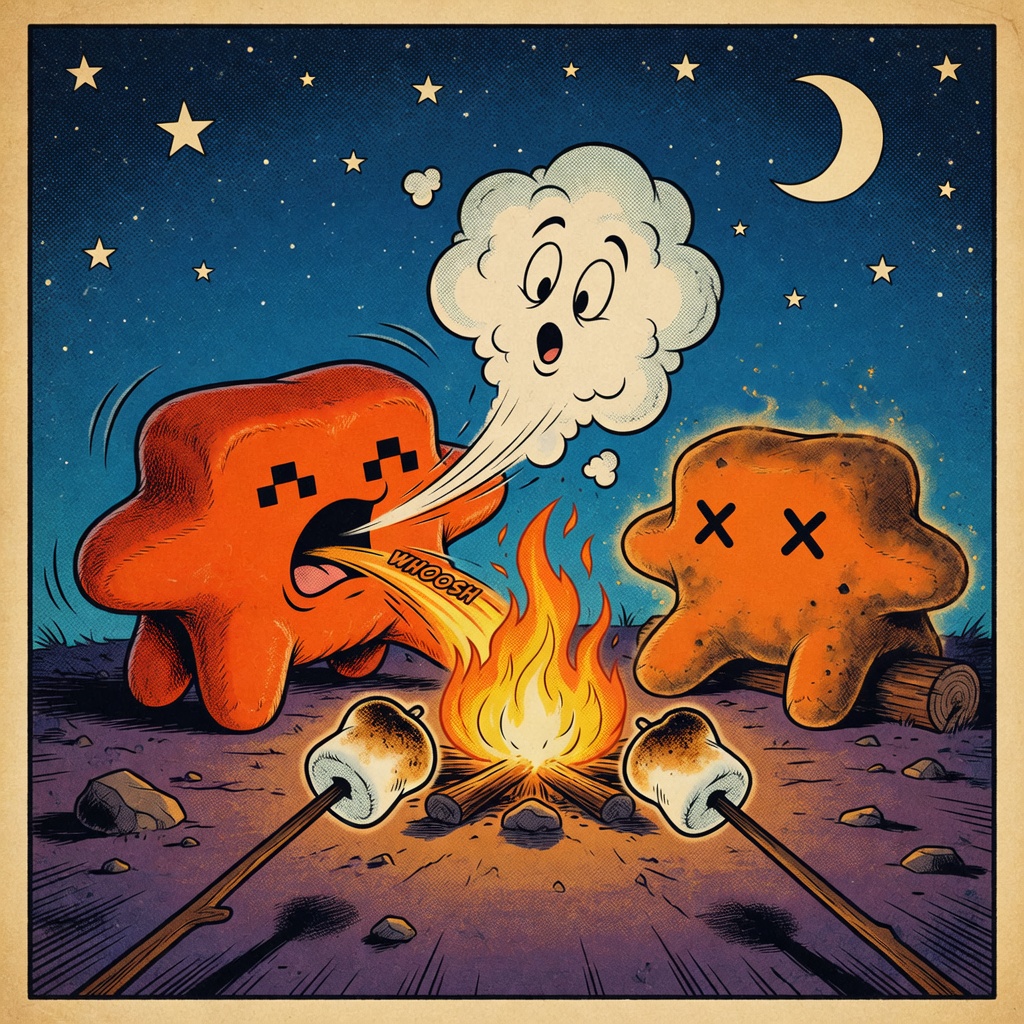 One blob toasted with X eyes, the other blowing a ghost of smoke over the fire.
