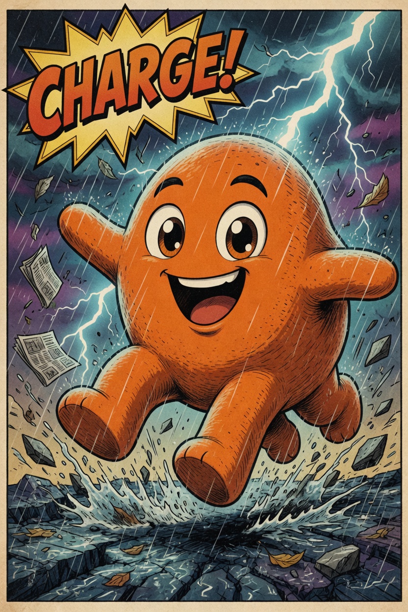 Storm Charge, a round cute-eyed orange blob, charging through rain and lightning.