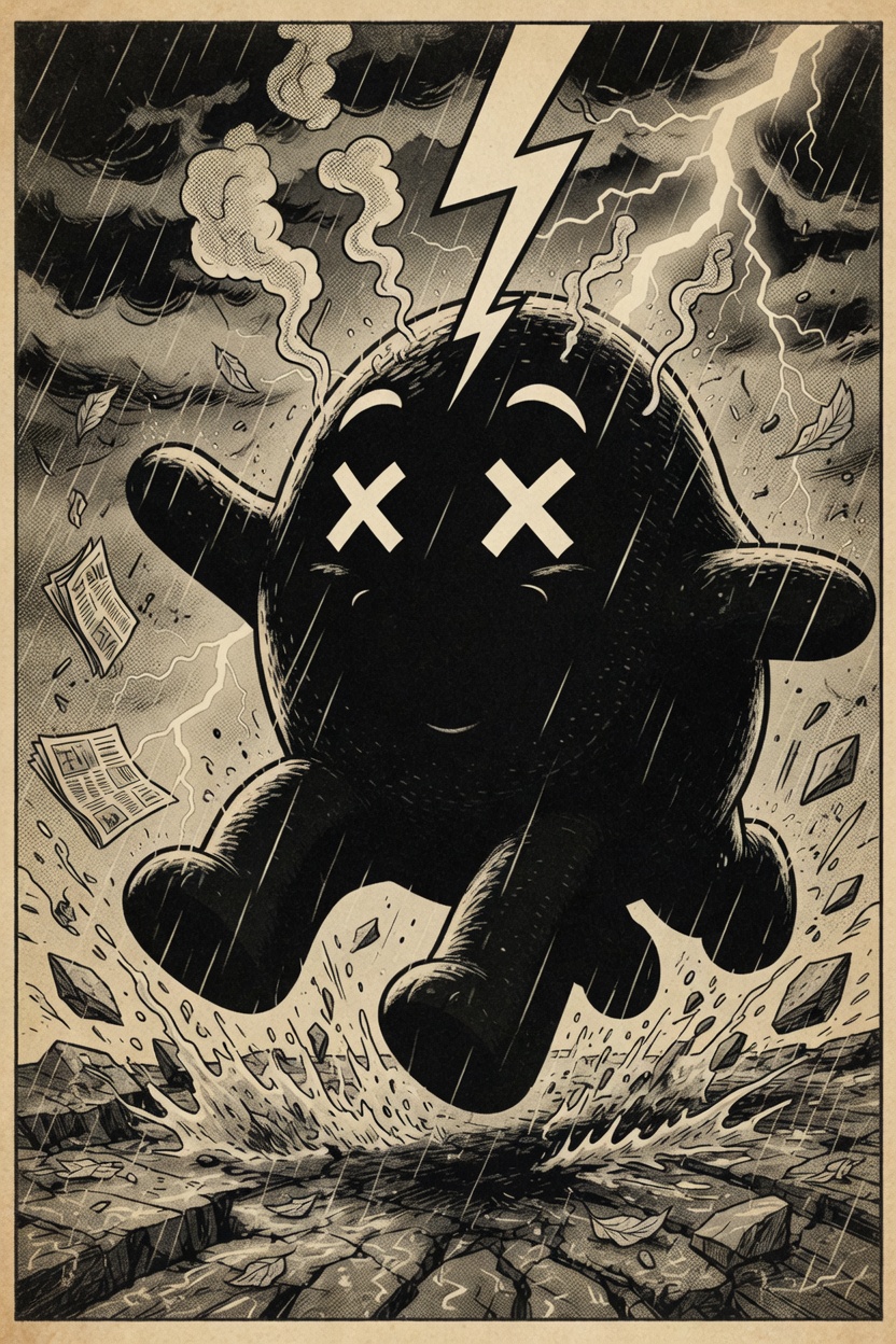 The same blackened X-eyed silhouette steaming in the rain.