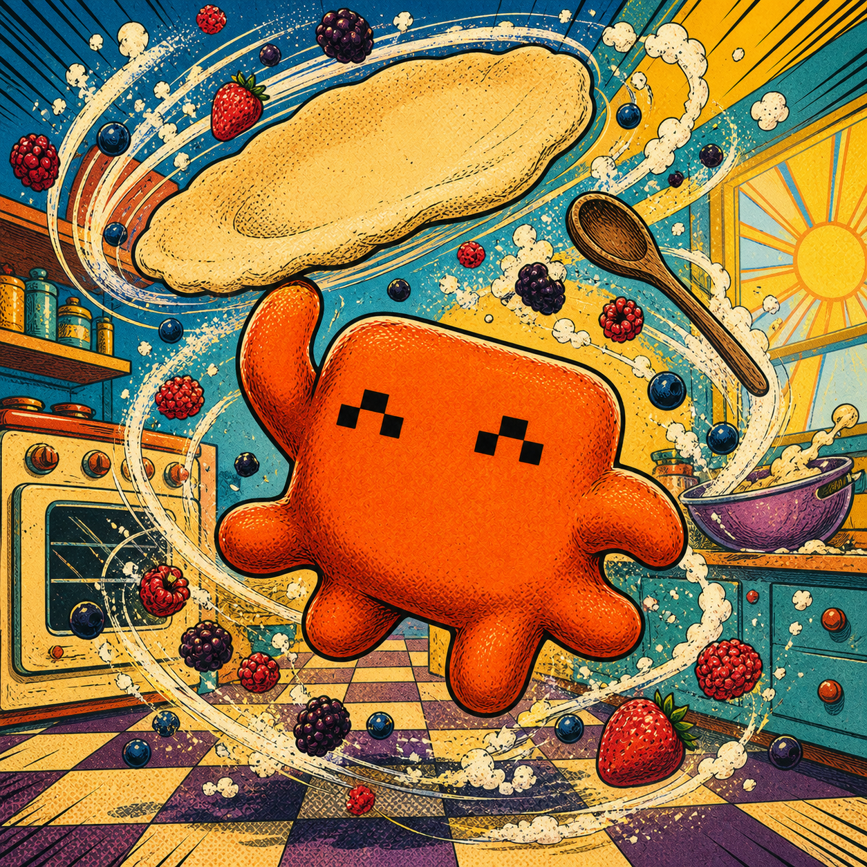 Flip in the kitchen, pancake still in the air.