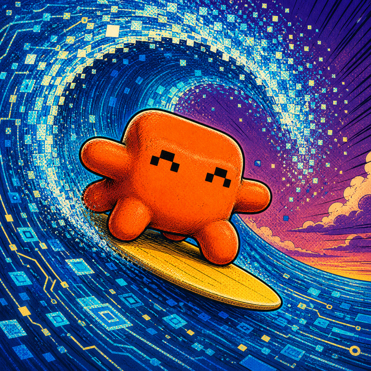 A pixel-eyed blob surfing a yellow board on a circuit-pattern wave.