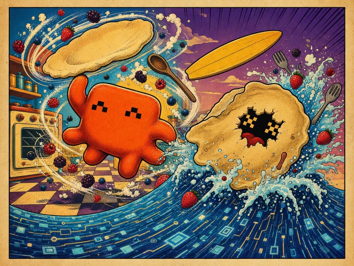 The pancake slaps over the surfer; X eyes stare out of a hole in the crust, surfboard flying.