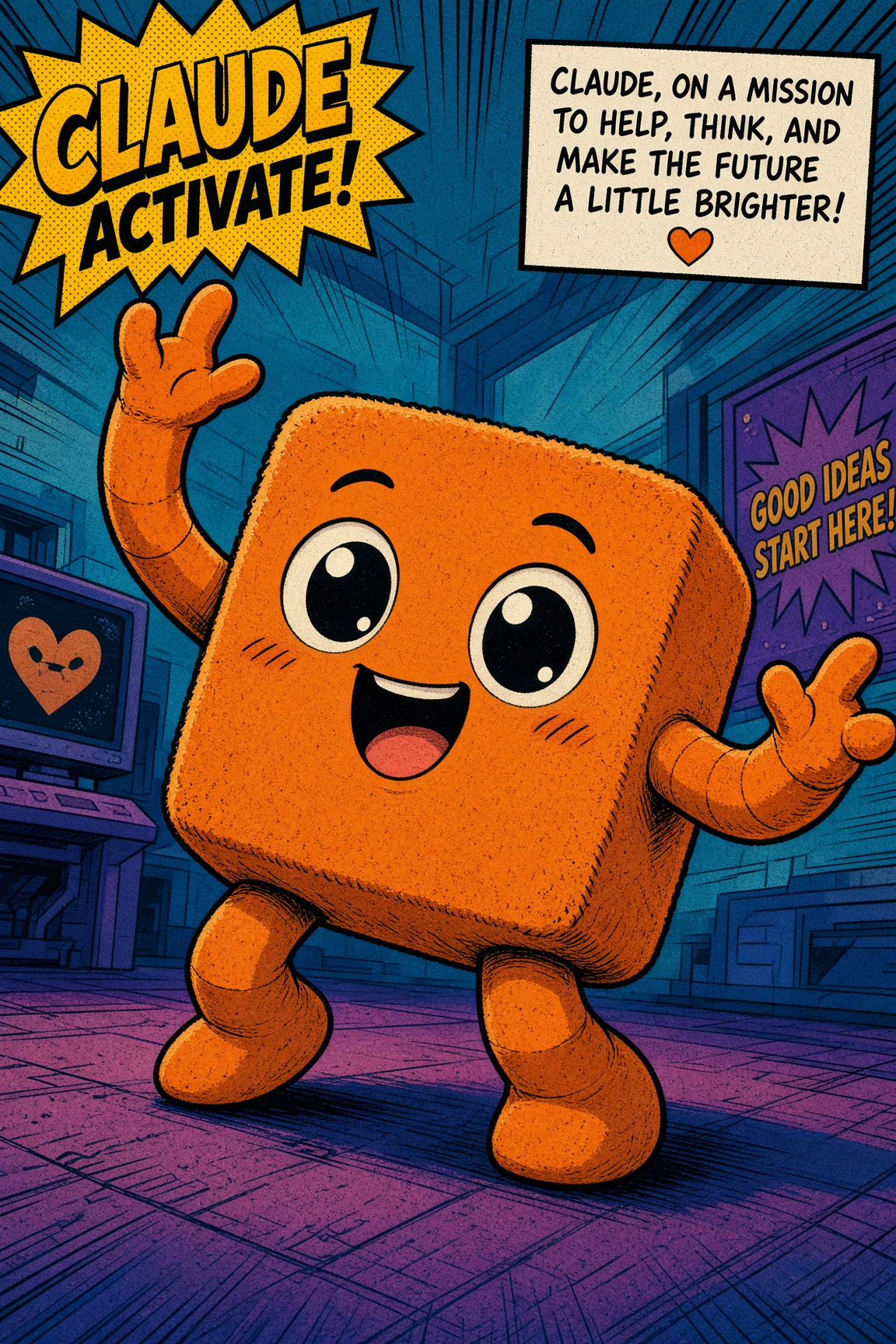Claude Activate, an orange cube, posing heroically in a blue room.