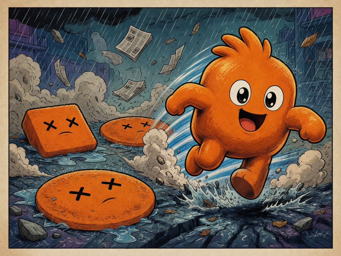 Zoom blitzing through rain past flattened X-eyed blobs, one still cube-shaped.
