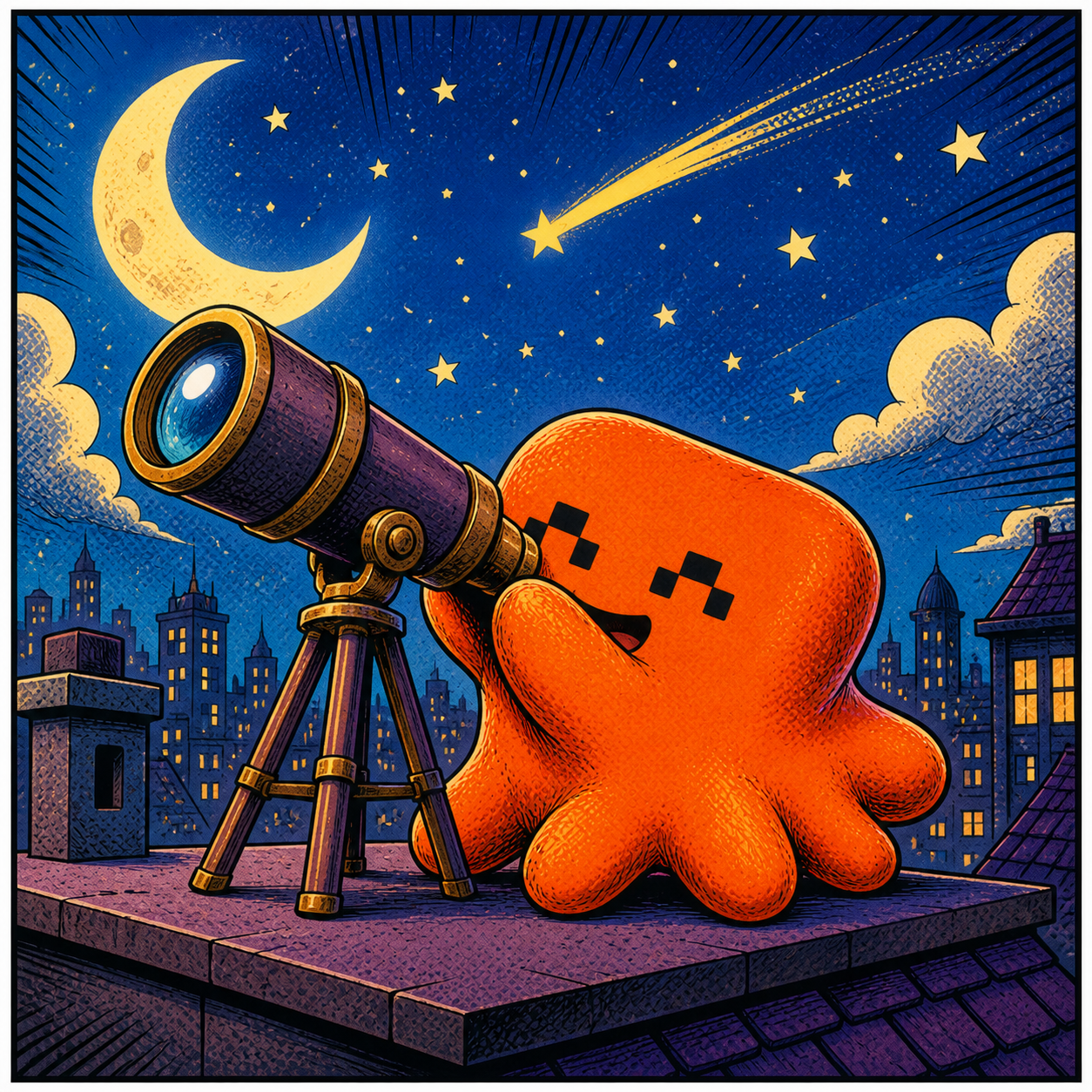 A pixel-eyed blob on a night rooftop looking through a brass telescope at a shooting star.
