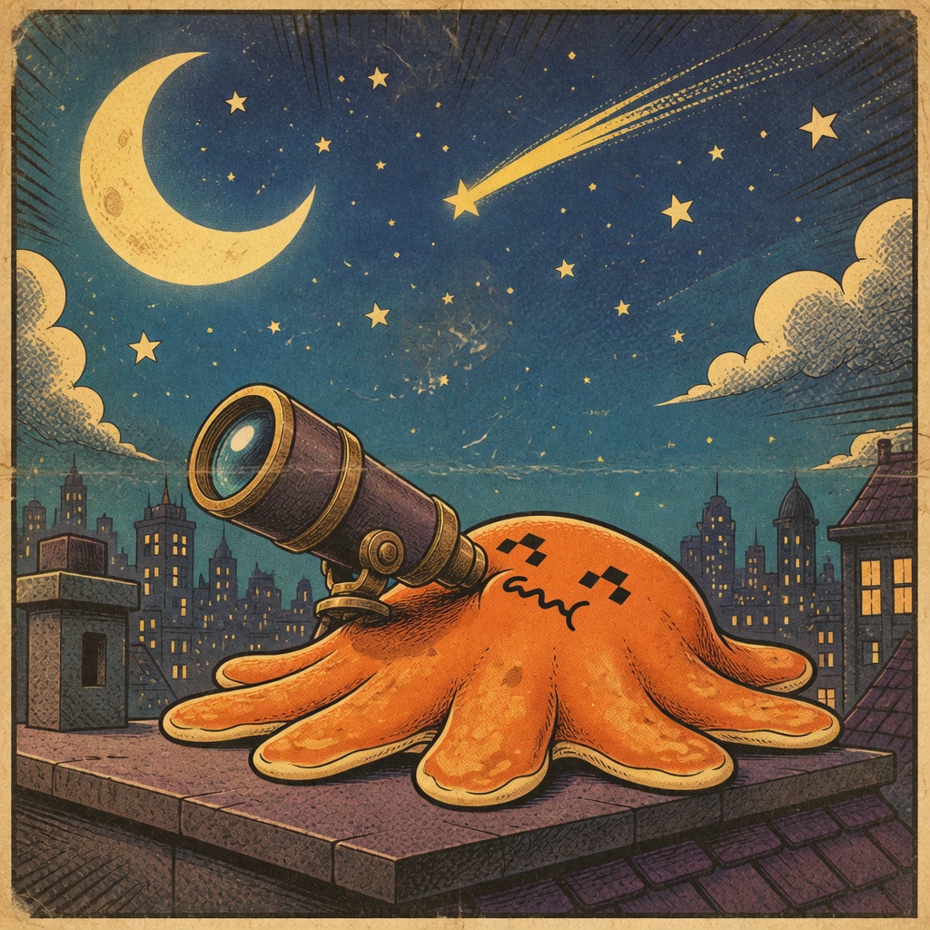 The stargazer accordion-flattened on the roof, still holding the telescope, X eyes, stars above.