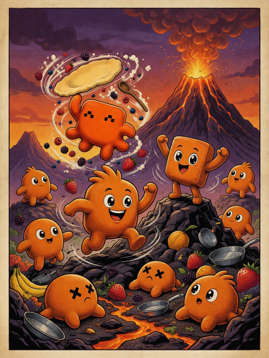 The crowded volcanic island, blobs scrambling up rocks.