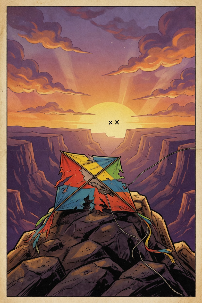 A torn kite on canyon rocks at sunset.