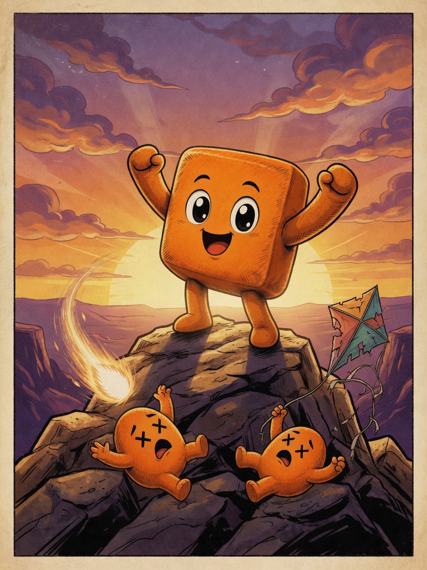 The cube Claudling victorious on a sunset cliff, two X-eyed blobs fallen on the rocks below.