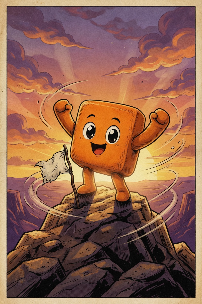 The cube planting a tiny flag on the peak at sunset.