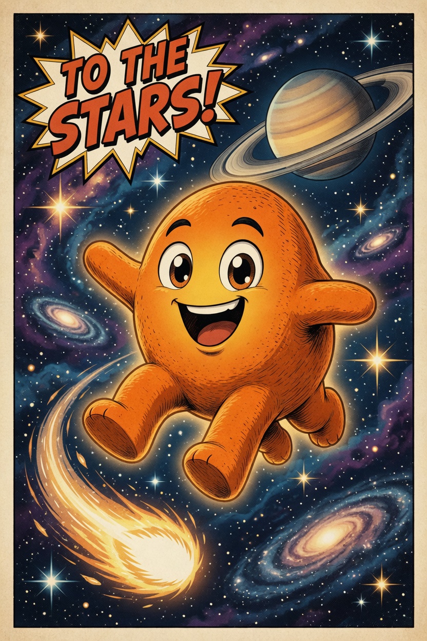 To The Stars, a round cute-eyed blob, leaping through a galaxy.