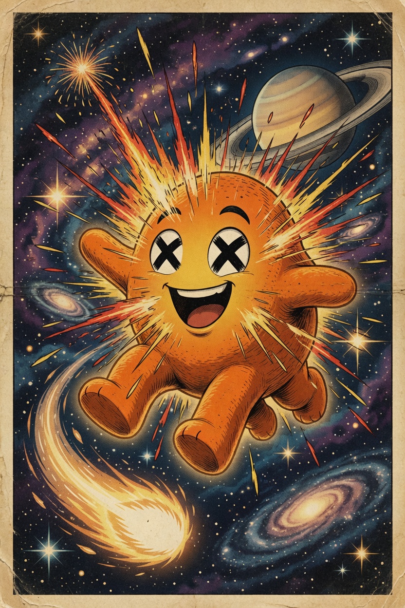 The space blob bursting into a cartoon firework of sparks.