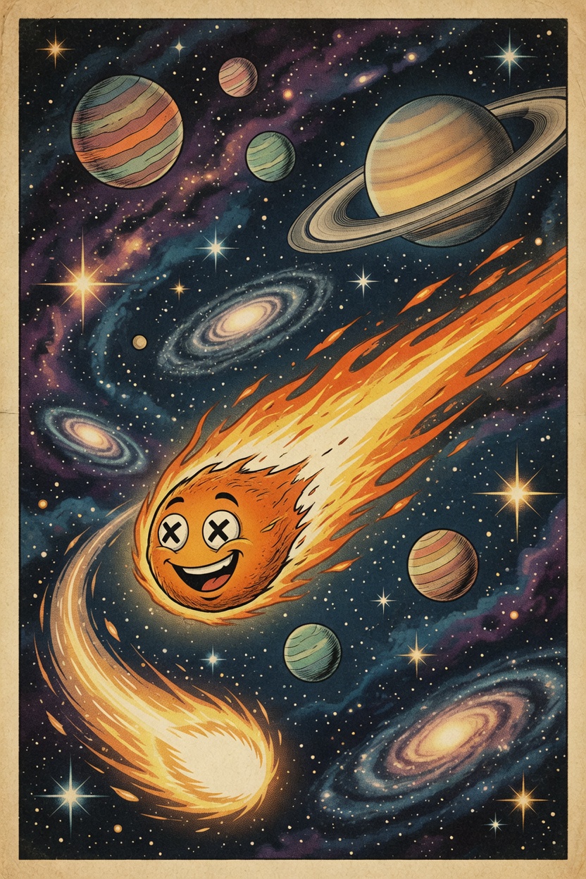The blob as a smiling X-eyed comet streaking past planets.