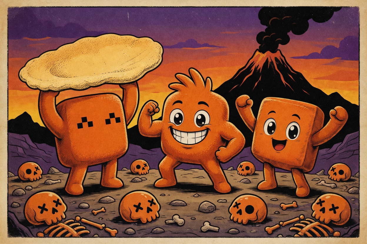 The three survivors standing together among cartoon skulls.